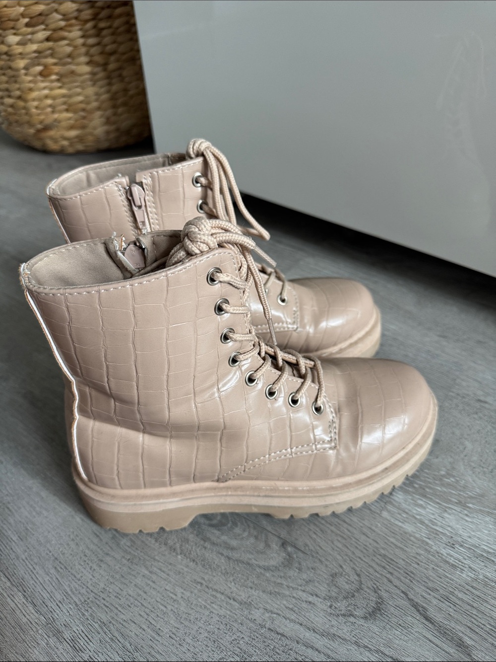 Qupid Croc-Embossed Lace-Up Combat Boots - Beige Taupe